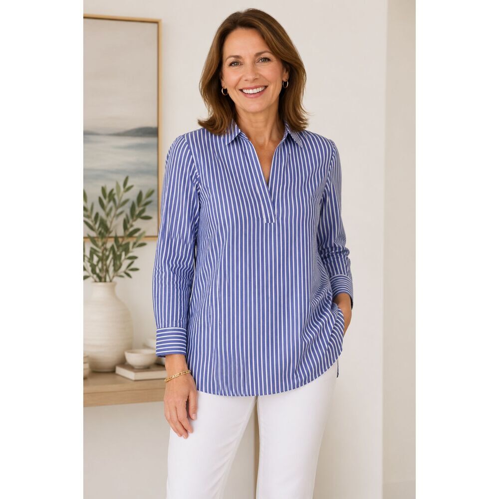 Talbots Sz 2 XS‎ Women Blue White Striped Long Sleeve Blouse Collar Tunic Top H